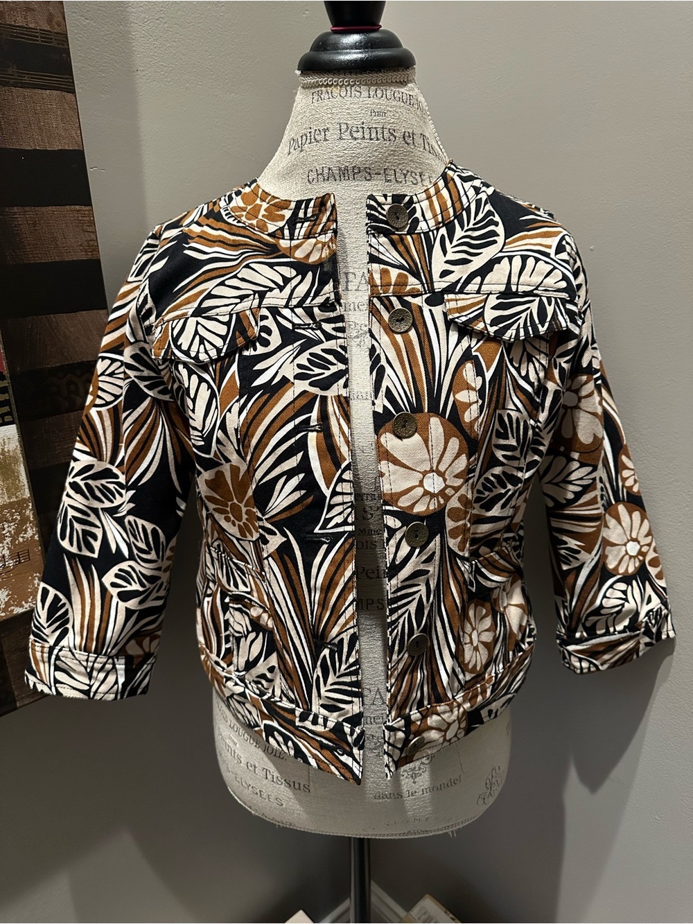 Ruby Rd. Petite Floral Print Cropped Jacket - Brown/Black/White EUC